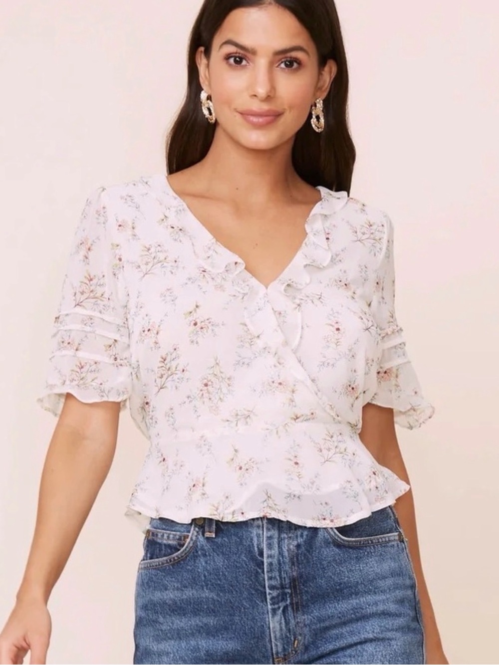Astr White Floral Ruffle Wrap Top